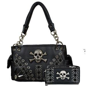 Women's Black Western Concealed Carry Purse And Wallet Set With Skull Embroidery
